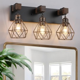 Farmhouse Bathroom Vanity Light Fixtures, 3-Light Wood Bathroom Light Fixtures Over Mirror, Rustic Sconces Wall Lighting with Elegant Metal Lampshade for Living Room, Bedroom, Hallway