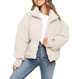 MEROKEETY Women's 2024 Winter Long Sleeve Zip Puffer Jacket Baggy Short Coats, White, M