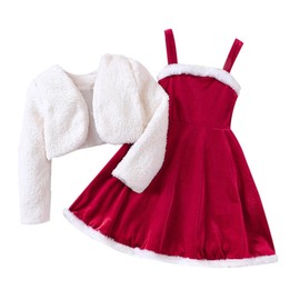 MISOAMISO Children's Santa Costume Girls Christmas Santa Dress White Bolero Set Party Performance Costume (130cm)