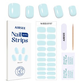 AIRSEE Semi Cured Gel Nail Strips (Powder Blue), 20 pcs Salon-Quality Gel Nail Stickers, Long Lasting Wraps for Women Works with Any UV Nail Lamps Light Prep Pads, Nail File & Wooden Stick