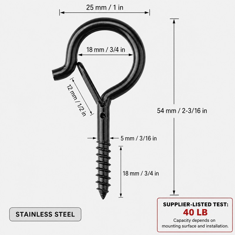 20-Pack Black Q-Hanger Screw Hooks with Safety Buckles, 2.2-Inch, 40