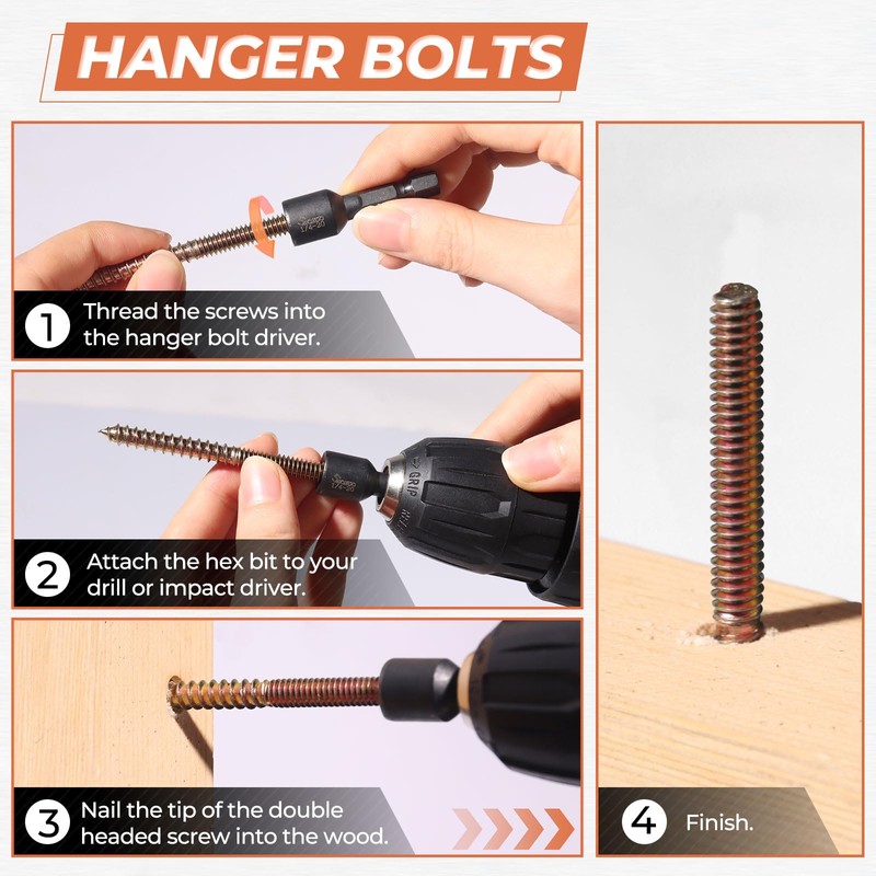 16PCS 1/4"-20 x 3 Hanger Bolts Kit & 1PCS 1/4"-20