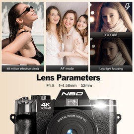 NBD 48MP Digital Cameras for Photography - 16X Zoom Travel Camera with 180° Flip Screen, 4K Vlogging Cameras Fotograficas for YouTube, Auto Focus, Macro Lens, 2 Batteries & 32GB SD Card（Black）