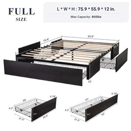 Allewie Allewie Full Size Platform Bed Frame with 3 Storage Drawers, Faux Leather Upholstered, Wooden Slats Support, No Box Spring Needed, Easy Assembly, Black