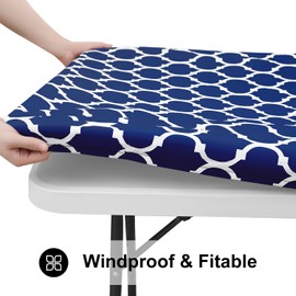 Smiry Rectangle Picnic Table Cover, Waterproof Elastic Fitted Camping Table Covers for 5 Foot Tables, Wipeable Flannel Backed Vinyl Tablecloth Protector for Indoor, Outdoor (Navy, 30x60 Inches)
