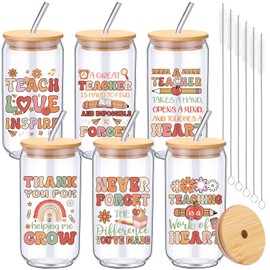 Amyhill 6 Pack Teacher Appreciation Gifts Thank You Glass Cups with Lids and Straw, 16 oz Glass Tumbler Thank You Graduation Gifts for Teachers Professors Coworkers(Simple Style)