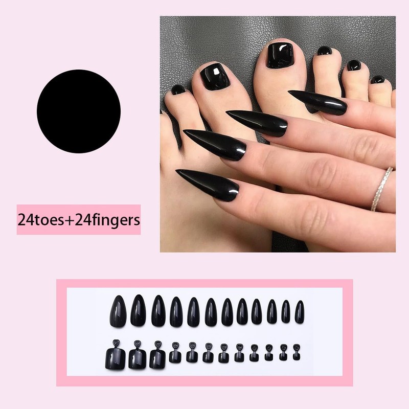48Pcs Black Press on Finger Toe Nails Set HJKDSFD Fake