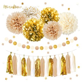 NICROHOME EUR White Gold Wedding Decorations, 23 PCS White Gold Champagne Tissue Paper Pom Poms, Dots Paper Garland Tassel Set for Wedding Engagement Birthday Prom Anniversary Table Decor