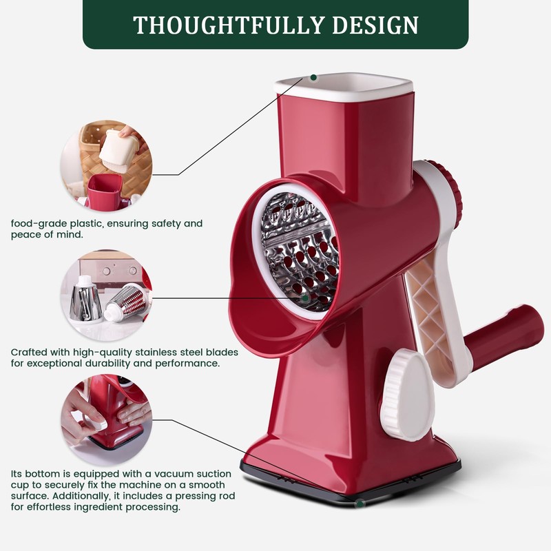 HANSGO Rotary Cheese Grater, Hand Crank Cheese Shredder, 3 Metal