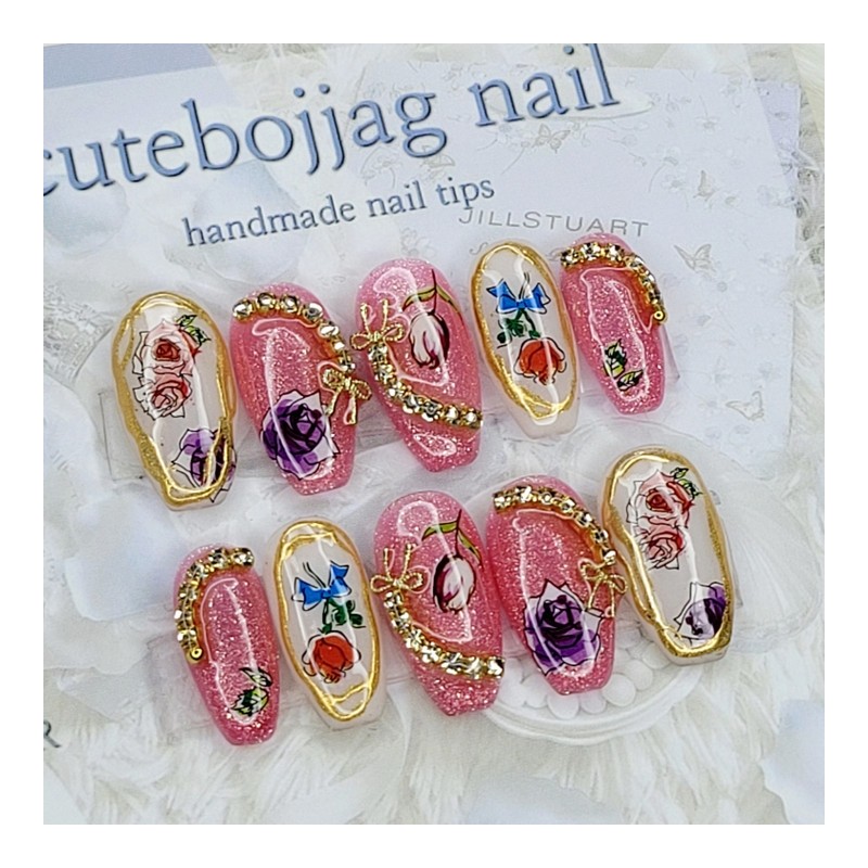 Flower illustration handmade nail tips, pedi tips - Stiletto M