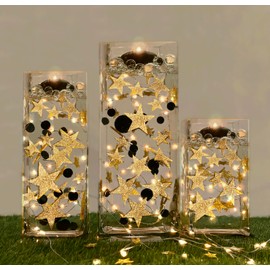 50 Floating Glitter Gold Stars-Large Sizes-Fills 1 Gallon of Transparent Gels for Floating Effect-with Measured Floating Gels Prep Bag for Best Results! 3 Warm White Submersible Fairy Lights