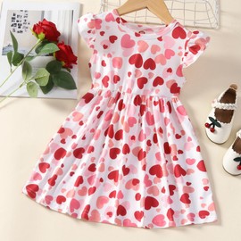 Runytek Girls Ruffle Sleeve Valentines Day Dresses Heart Print Casual Dress Kids Playwear Swing Party Sundress 6-7 Years