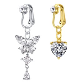 Crdifu Pack of 2 Clips On Fake Belly Button Piercings Ring Heart Butterfly Pendant False Piercing Belly Button, Stainless Steel