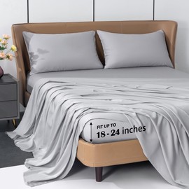 Levoo Cooling Sheets Rayon Derived from Bamboo 18"-24" Extra Deep Pocket King Sheets Cooling Sheets for Hot Sleepers Silky Soft 4Pcs Bed Sheets (King, Light Gray)