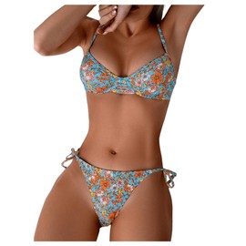 SOLY HUX Women's Floral Print Bikini Sets Underwire Tie Side Bathing Suits Two Piece Swimsuit Blue Floral Medium