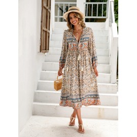 R.Vivimos Women's Long Sleeve Floral Print Retro V Neck Tassel Bohemian Midi Dresses (2XLarge, Beige#1)