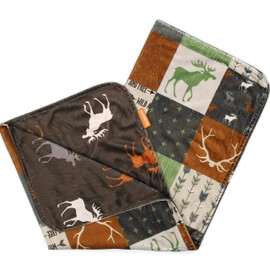 Dear Baby Gear Deluxe Baby Blankets, Custom Minky Print Double Layer, Faux Quilt Rust Adventure and Moose on Brown, 38 Inches by 29 Inches