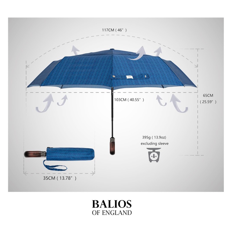 Balios Travel Folding Umbrella with Real Wood Handle Auto Open