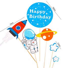 GotGala Decoración espacial para tarta de feliz cumpleaños con diseño de cohete y planeta, decoración para tartas de galaxia astronauta a la luna, hombre robot, decoración para decoración de tartas para el espacio exterior, baby shower, suministros para 
