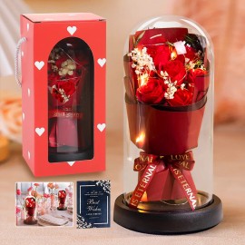 Cddgl Flores Artificial Oso De Rosa Eterna Regalos Decorativas Para Mujer,caja De Regalo Romántica,Con Caja de Regalo Y Luz LED Y Tarjeta De Felicitación,regalo Del Día De San Valentín(rojo)