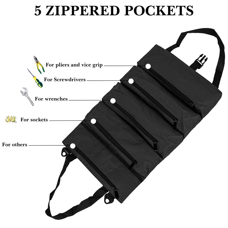 Adorila Multi-Purpose Tool Roll Bag, Black, Hanging Zipper Rolling Tool