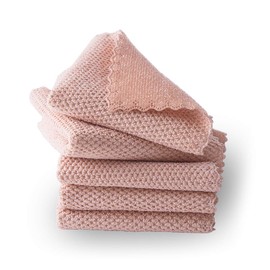 Xinrjojo Microfiber Dish Cloth for Washing Dishes Dish Rags Kitchen Cloths Cleaning Cloths with Poly Scour Side 10"x10" 5 Pack-Coral