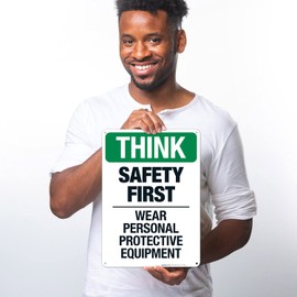 Sigo Signs Think Safety First Wear Personal Protective Equipment Sign, 10x14 Inches, 55 mil Thick HDPS (high Density polystyrene), Made in USA
