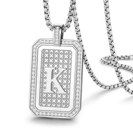 Zillaly initial letter Pendant Necklace Men Women boy Capital silver letter diamond A-Z stainless steel Chain box 22inch (Silver-K)