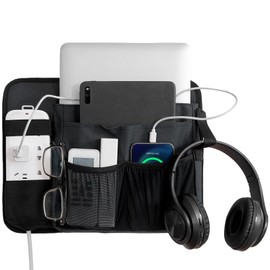 WOMACO Bedside Caddy with Power Strip Pocket, Heavy Duty Bunk Bed Caddy Organizer, Hanging Bed Side Storage Caddy with Powerstrip Holder for Dorm, Hospital, Loft Bed (Black)