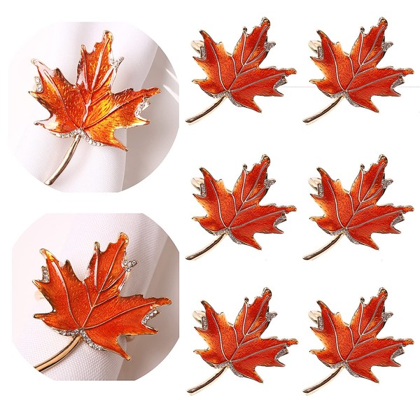 XIYAO Napkin Rings Set of 6 Metal Napkin Rings Holder Fall Napkin Rings for Dinner Wedding Holiday Christmas Thanksgiving,Party Banquet Buffet Table Setting Decor(Maple Leaf)