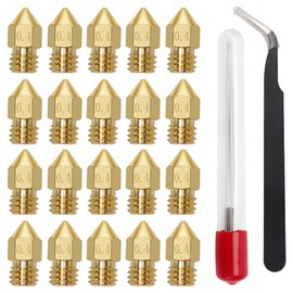 YIXISI Pack of 20 3D Printer Nozzles, 0.4 mm, MK8 Extruder Nozzle, Brass Nozzle, (5 Pieces Nozzle Cleaning Needles, Anti-Static Tweezers)