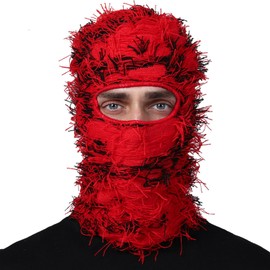 HAOJIANIAN Distressed Balaclava Knitted Full Face Ski Mask Winter Windproof Neck Warmer for Men Women Distress Mask Beanie (Fabric, Red Mixed)