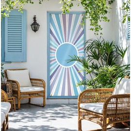 KRHFG Boho Abstract Blue Sun Door Cover Decorations, Mid Century Modern Sunshine Door Curtains Banners Photography Background Backdrop for Doorways Indoor Outdoor Decoration, 35 * 79 Inch