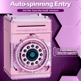 Thedttoy Money Box,ATM Piggy Bank with Fingerprint,Digital PIN Money Saving Box with Auto-Spin Unlock Money Safe for Kids,Girls Birthday Presents for Age 3,4,5-Pink
