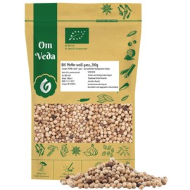 Organic Pepper White Whole | White Peppercorns in Premium Quality for Pepper Mills, Sauces, Soups & Vegetables | Mild Spicy Taste | OmVeda (200 g)