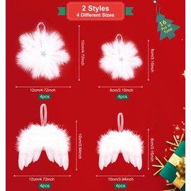 Bekeify Pack of 16 White Feather Christmas Decorations, 2 Styles Vintage Angel Wings and Snowflake Pendants, Christmas Tree Decoration, Angel Feathers Wings Ornaments for Hanging Christmas Party