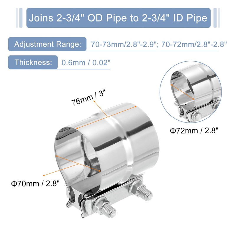 uxcell 2-3/4" Exhaust Clamp, 304 Stainless Steel Butt Joint Band