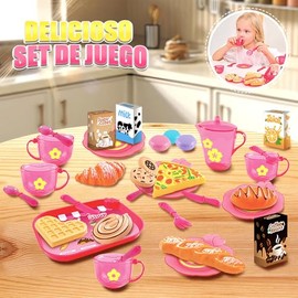 25pcs Juegos de Te para Niñas,Juguetes de Fiestas de Té Para Niñas,Comida de Cocina Juguete con Postre,Juego de Te, Vajilla y Estuche de Transporte,Ju