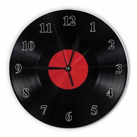 Orythyra Record Vintage Wall Clock Round 10 Inch Battery Operated Black Album Disc with Blank Red Label Music Retro Quartz Silent Wooden Clocks Art Decorative Living Room Classroom Bedroom Office