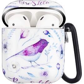 Protective Hard Case Cover Compatible with AirPods 2/1 Generation Skin Portable & Shockproof Women Girls Men with Keychain - Purple Bird