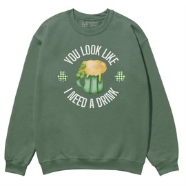 Printbox Originals You look Like I Need a Drink Sweatshirt, St Patricks Day Pullover, Beer Mug Graphic Unisex Sweater Military Green