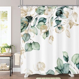 Omifly Eucalyptus Sage Green Shower Curtain 60Wx72H Inch Spring Watercolor Botanical Green Gold Leaves Plant Nature Floral Bathroom Set with 12 Plastic Hooks Fabric Waterproof Toilet Accessories Decor