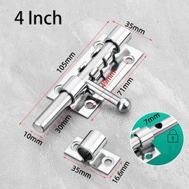 Leliafleury Door Bolt Lock 4 Inch Stainless Steel Door Latch Barrel Sliding Bolt Solid Security Lock Latch for Bathroom Bedroom Shed, Silver