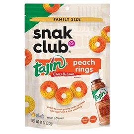 Snak Club Peach Rings, Tajin Chili & Lime Seasoned, Sweet and Spicy Gummy Candy, Mild in Heat Bold in Flavor, Low-Fat, Vegan, Gluten-Free Snack, Family Size, 11 Ounce