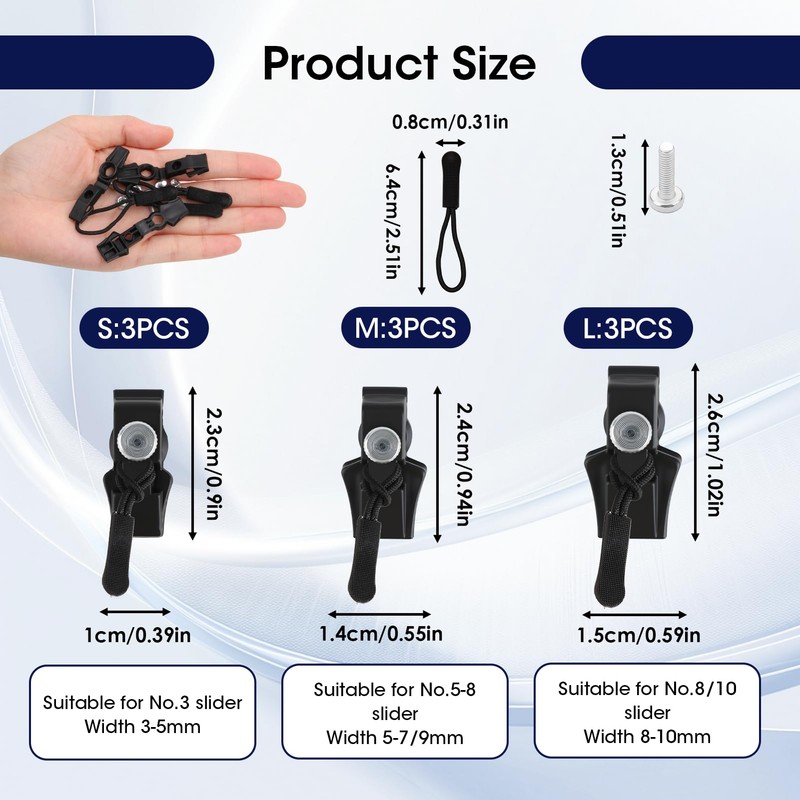 9 PCS Zip Repair Kit 3 Sizes Replacement Zipper Puller