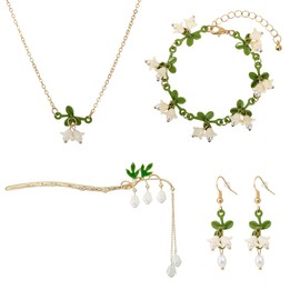 Wasise Lily of the Valley Jewelry - 4 Pcs Set Floral Jewelry, Lily of the Valley Necklace, Earrings, Bracelets and Hairpin, White Flower Gifts for Women or Mother, Forest Spring Fairy Accessories
