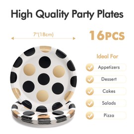 PARTY GO 16Pcs Black Paper Plates 7" 18cm Dot Hot Stamping, Party Plates Disposable Supplies Pack for Birthday, Baby Shower, Holiday Wedding Graduation Party Decorations