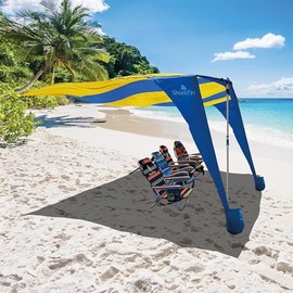 Shark FIN Shade Beach Tent Wind Sun Canopy Portable Easy Set Up UPF 50+ No Assembly Required 3-30 MPH - 1 to 8 People - Tie Downs Included - 2 Sizes Large 9' X 10' & Giant 13.5' X 10' PATENTS Pending