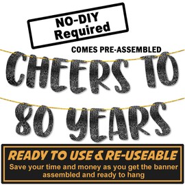 TOYVENTURES Black Glitter Cheers to 80 Years Banner - 80th Birthday Party Decorations Party Supplies Milestone Celebration Decorations Pre-strung No DIY Required