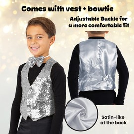 Dress Up America Boys Sequin Vest with Bowtie – Sparkly Costume Vest for Kids – Shiny Formal Party Outfit for Boys (Silver)